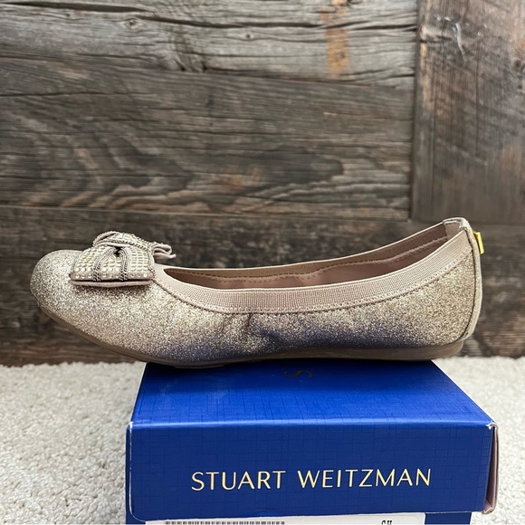 Stuart Weitzman Chain Bow Glitter Ballet Flats - Pale Gold - Size 13 - Picture 10 of 11
